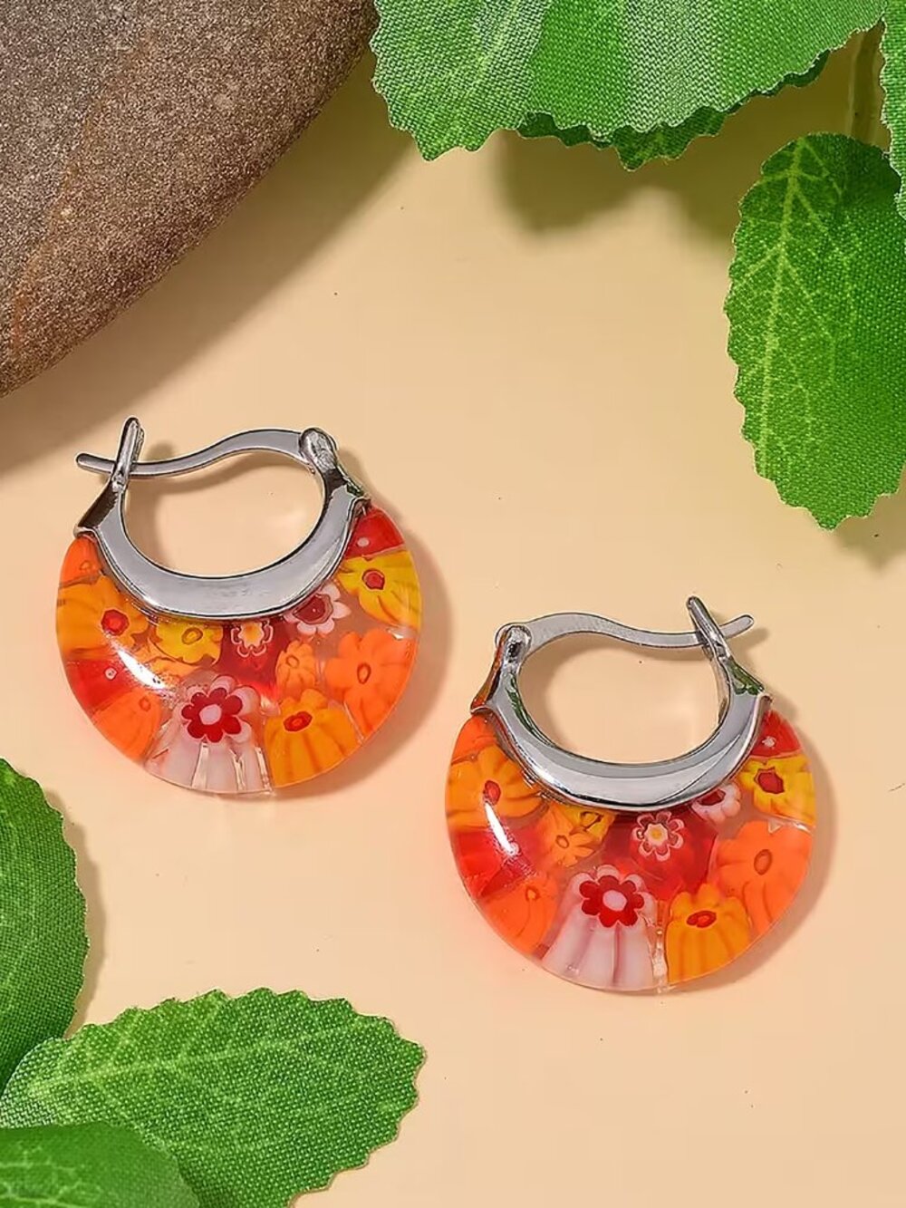 Orange Murano Style Crescent Moon Earrings in Stainless Steel - NEW
